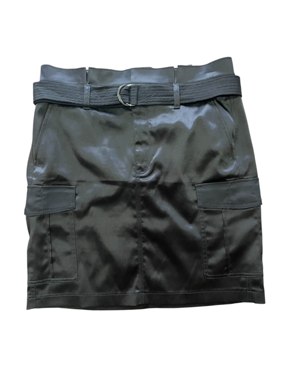 White House Black Market Black Satin Cargo Mini Skirt with Belt Like New Size 10